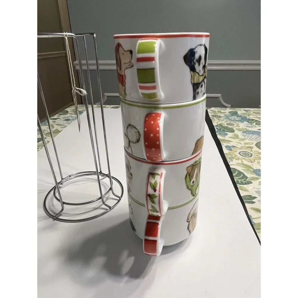 Pier 1 One Christmas Pup Dogs Stacking Mugs Stand Stoneware Holiday Cups